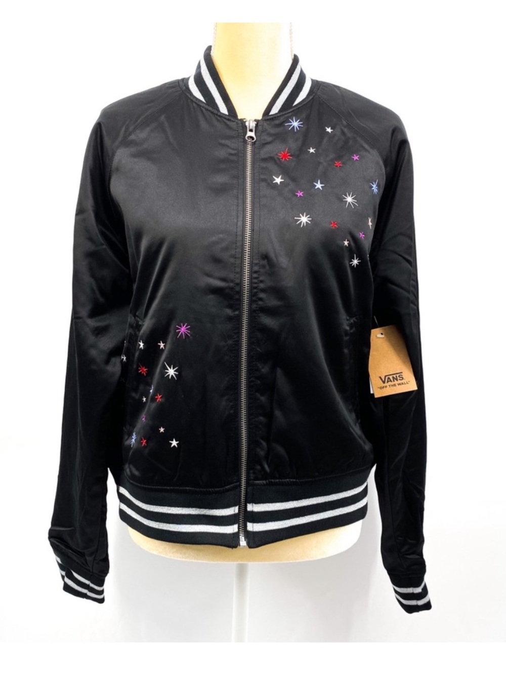 Vans Black Satin Bomber Jacket with Multicolor Star Embroidery